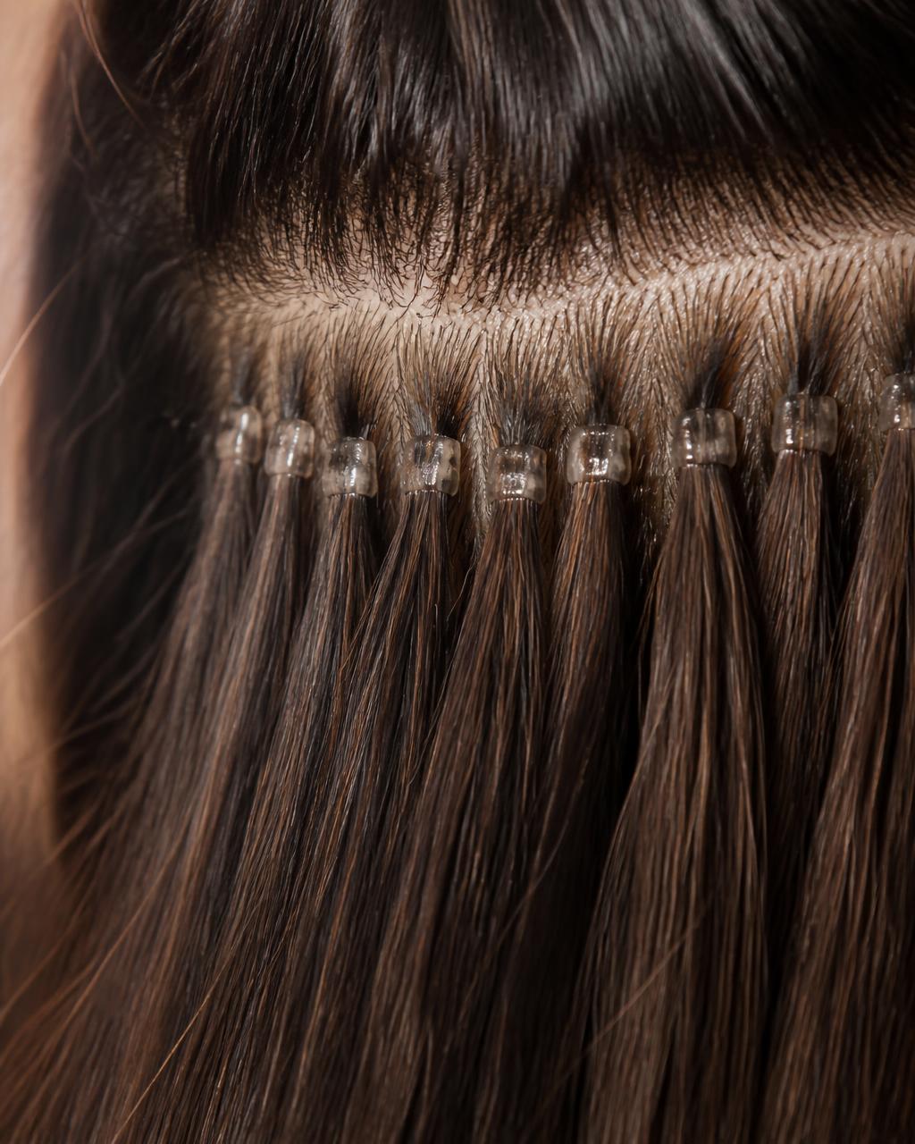 Macro d'une pose d'extensions kératine sur cheveux châtains